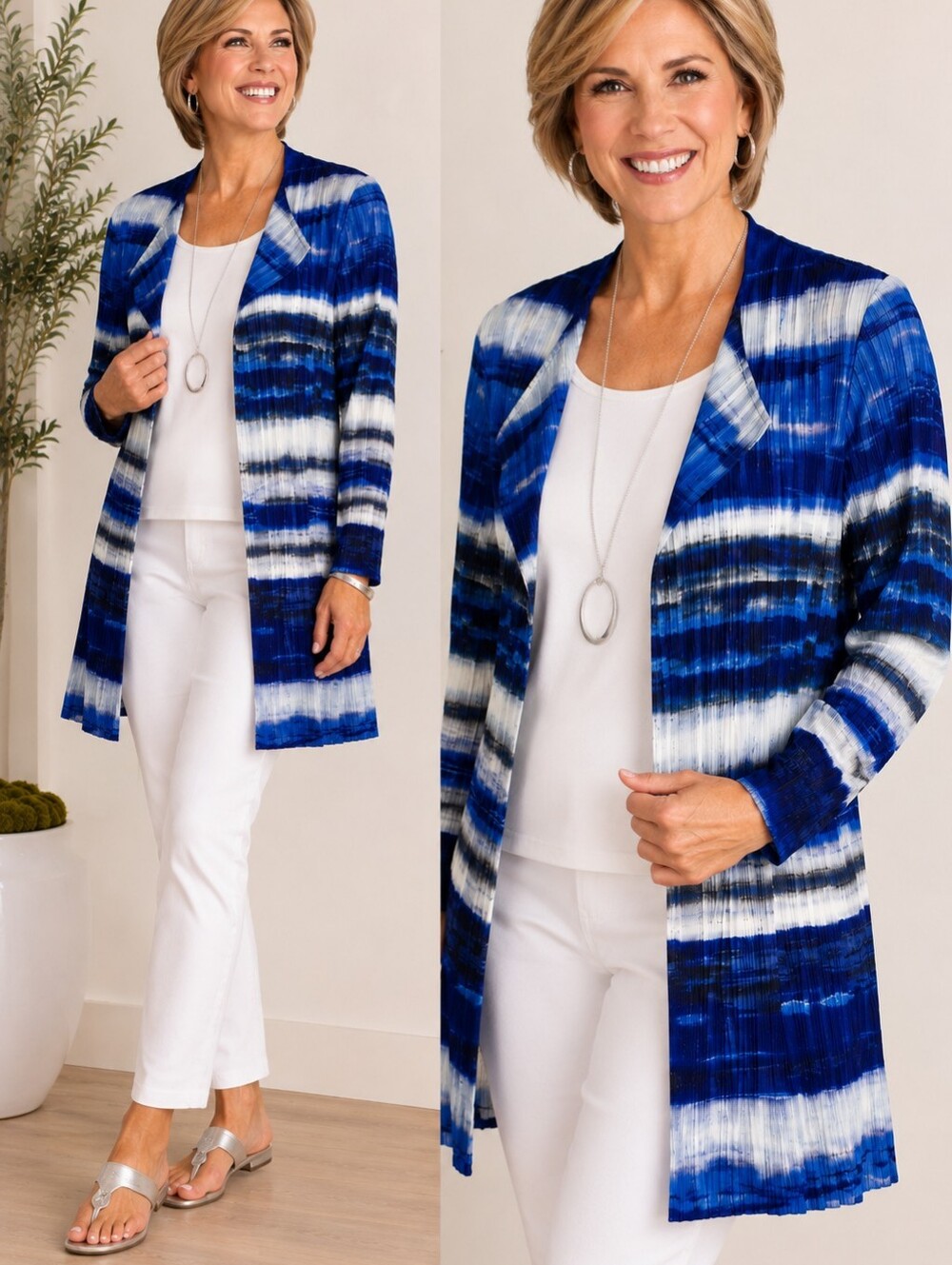 Chico's Blue and White Striped Open-Front Cardigan